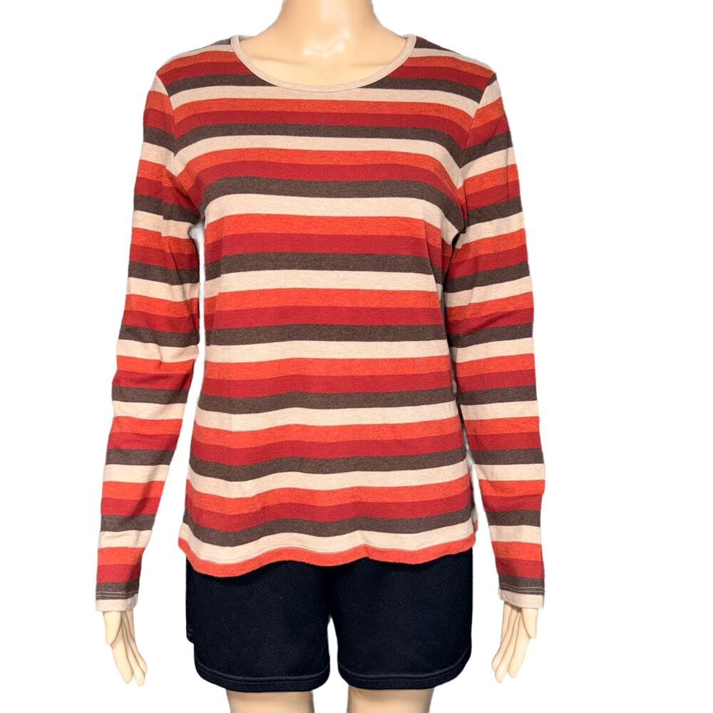 Croft & Barrow Womens T Shirt Top Long Sleeve Pima Cotton Stripes Orange Red Med